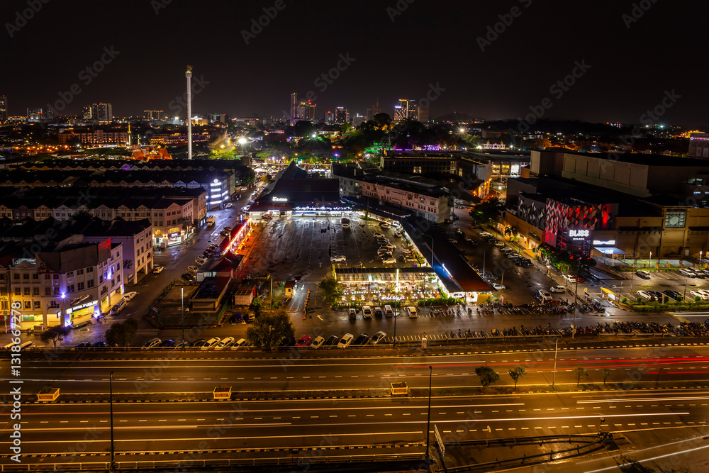 Obraz premium Cityscape of Malacca illuminated in night, Malaysia
