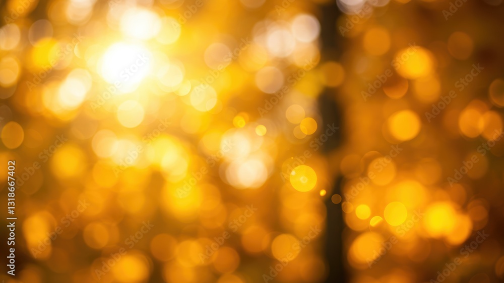 Fototapeta premium Golden autumn sunlight creates a bokeh effect in blurred background of yellow leaves Evokes peace and natural beauty