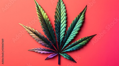 Iridescent Cannabis Leaf on a Vibrant Red Background with Textured Surface