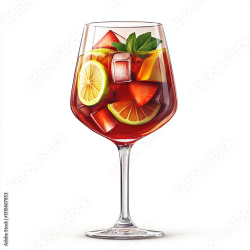 3D illustration of wine glass filled with vibrant red sangria, featuring slices of lemon, lime, and orange, along with fresh mint leaves and ice cubes