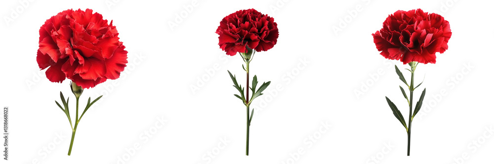 Three vibrant red carnations with green stems isolated on transparency background Three vibrant red carnations with green stems isolated on transparency background