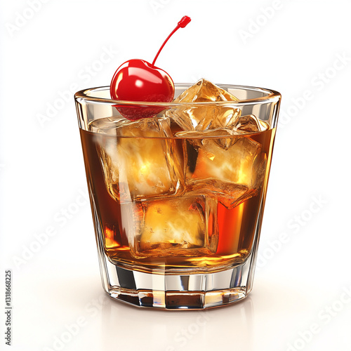 detailed 3D whiskey sour icon in short glass with amber liquid and cherry garnish. ice cubes glisten, adding refreshing touch to classic cocktail
