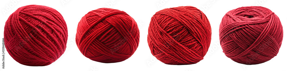 Four red yarn balls in row on transparency background
