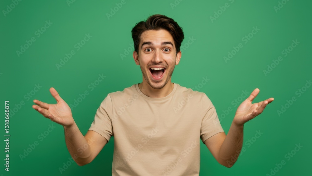 Young Caucasian male smiling with arms open in studio against green backdrop, expressing positivity and excitement Young Caucasian male smiling with arms open in studio against green backdrop, expressing positivity and excitement
