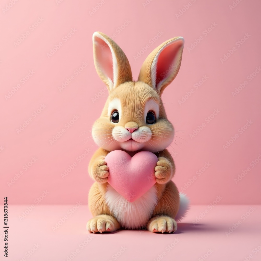Obraz premium Adorable bunny holding a heart with a subtle pink background and soft focus effect, adorable animal, love symbol