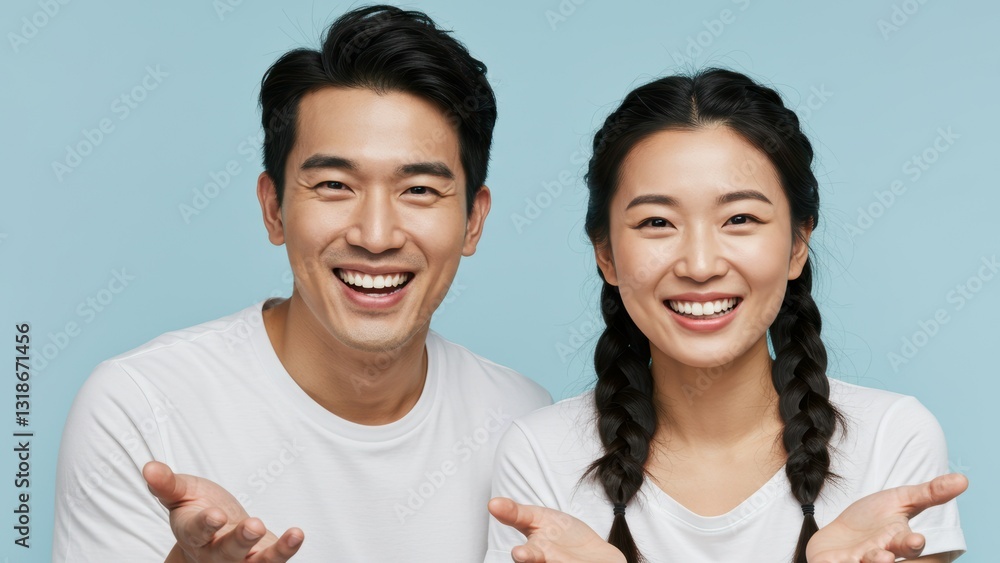 Asian couple smiling and gesturing in a light blue indoor setting, showcasing joy and communication Celebrating diversity and happiness