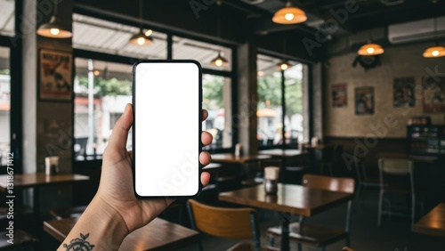 Wallpaper Mural Young adult Asian male holding smartphone in modern café interior Focus on technology and social themes Torontodigital.ca