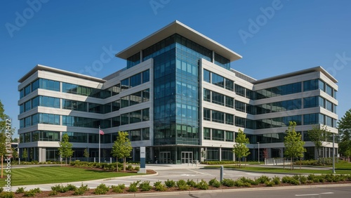 Modern office building in urban setting with glass facade and landscaped surroundings Represents contemporary business environment