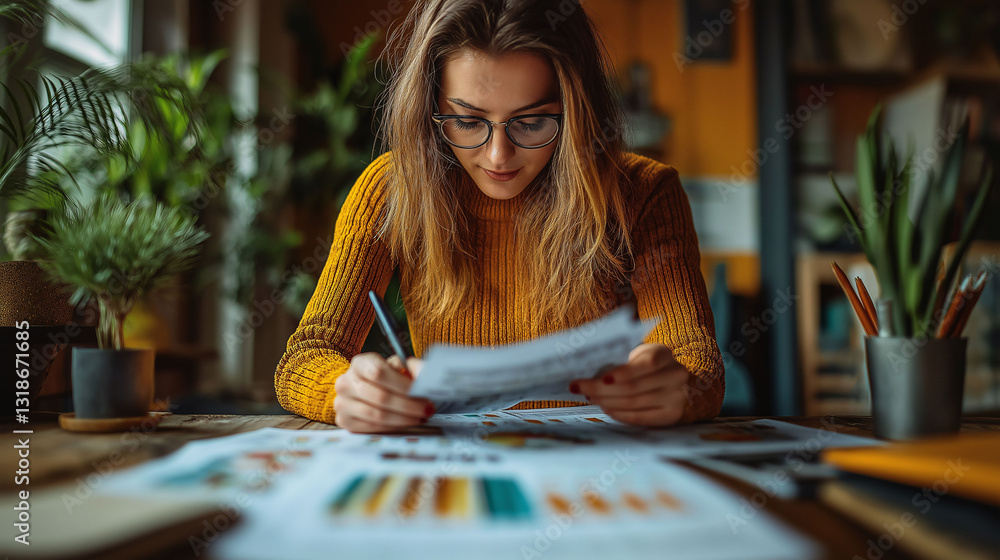 Fototapeta premium A woman reviewing financial charts and graphs, analyzing business data