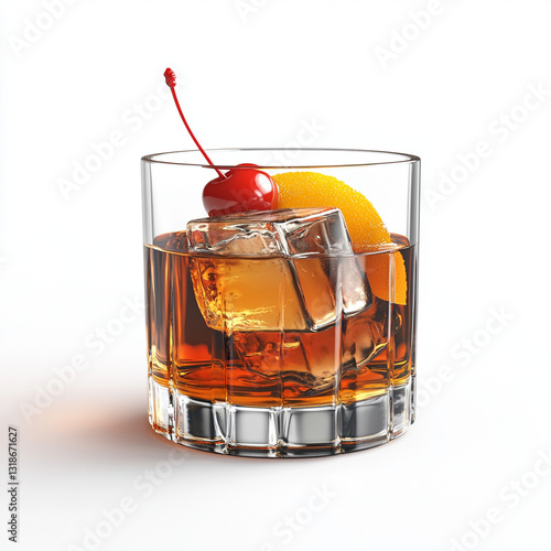 3D rendered old fashioned cocktail in lowball glass with ice, garnished with orange slice and cherry, on white background