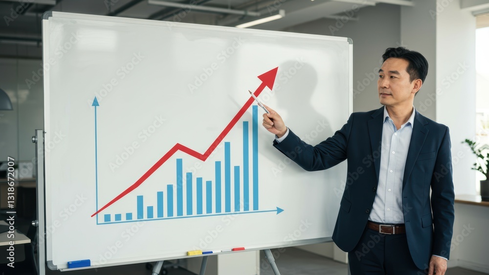 Asian businessman presenting growth chart in modern office Focus on corporate strategy and financial success concepts Asian businessman presenting growth chart in modern office Focus on corporate strategy and financial success concepts