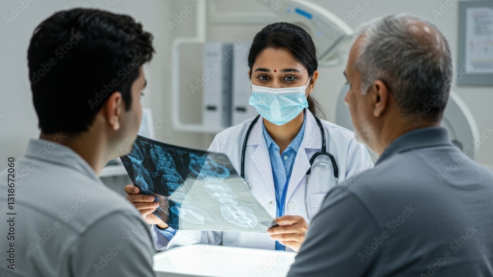 Obraz premium South Asian female doctor shows x ray to Middle aged male patient and young adult male patient in clinic Promotes healthcare communication