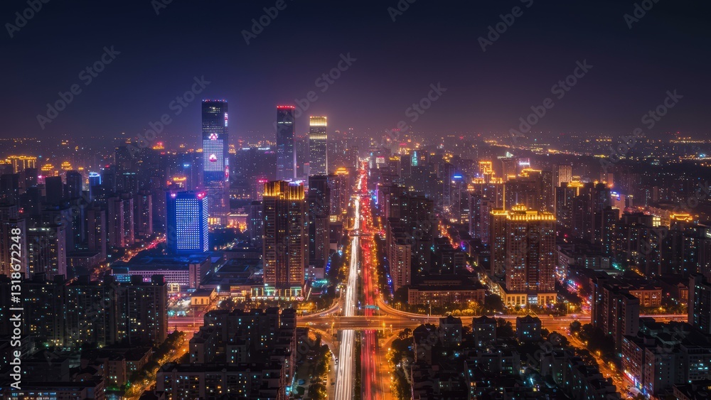 Aerial view of Shanghai cityscape at night showcasing bright lights, high rise buildings, and bustling streets Concepts of urban living and tourism Aerial view of Shanghai cityscape at night showcasing bright lights, high rise buildings, and bustling streets Concepts of urban living and tourism