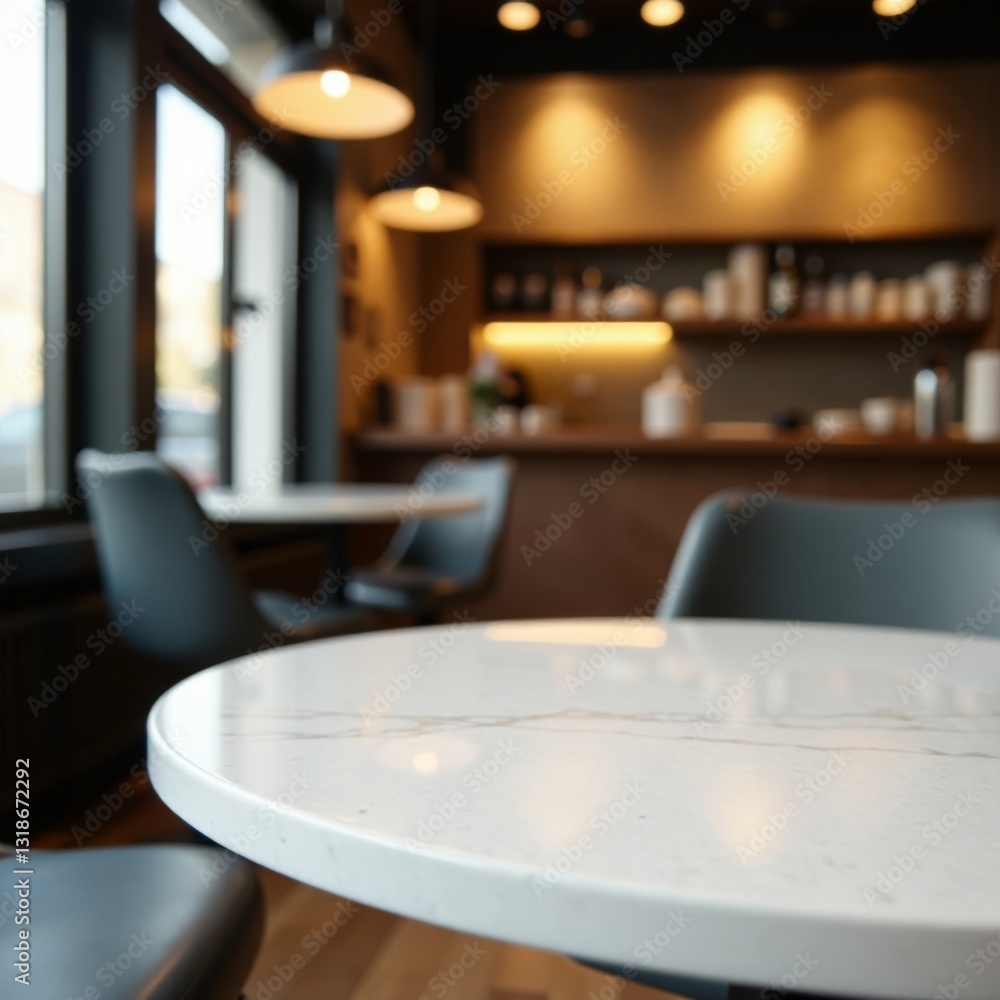 Empty white marble stone table top in blur with soft cafe lighting, minimalist, style Empty white marble stone table top in blur with soft cafe lighting, minimalist, style