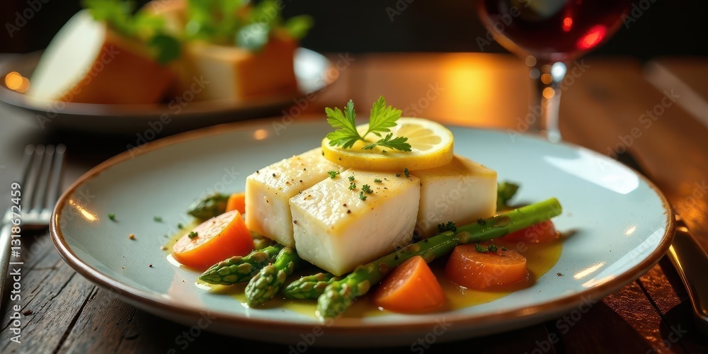 Elegant Pan-Seared Fish with Lemon, Asparagus, and Carrots on a Rustic Table Elegant Pan-Seared Fish with Lemon, Asparagus, and Carrots on a Rustic Table