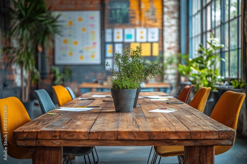 Fototapeta premium Creative workspace featuring wooden table with potted plant and colorful chairs for meetings