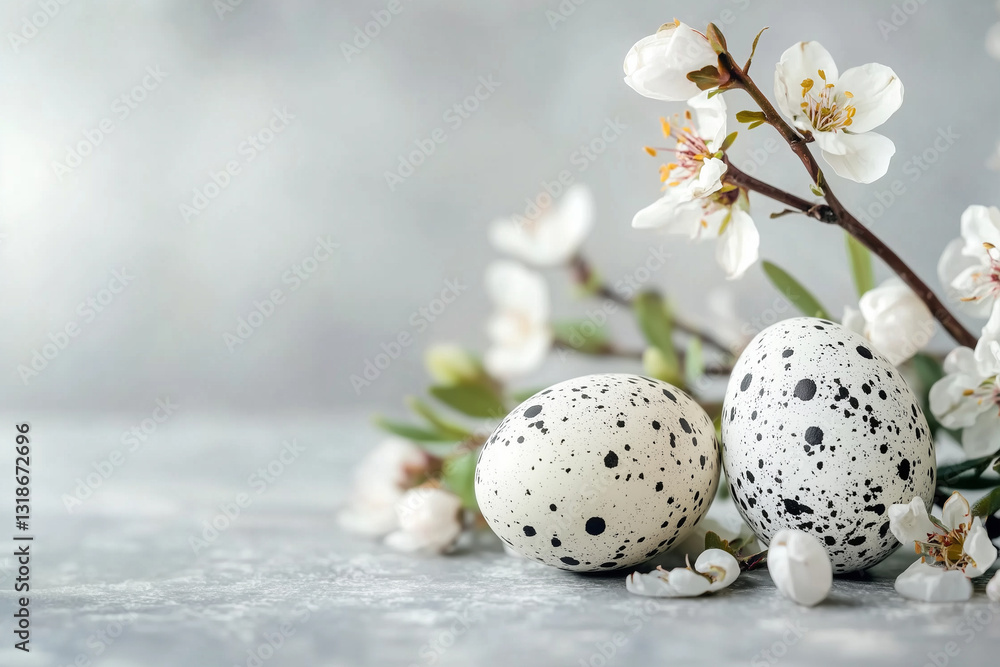 Obraz premium Easter eggs with speckled patterns surrounded by white flowers create serene and festive atmosphere. Perfect for celebrating spring and new beginnings