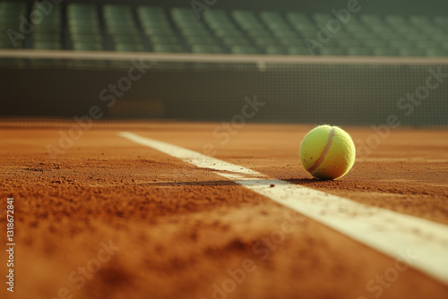 professional tennis ball rests on clay court, highlighting vibrant yellow color against rich brown surface. empty stadium in background adds to atmosphere of anticipation