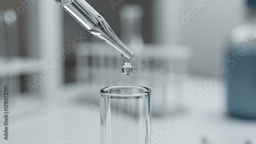 Glass pipette drops clear liquid into test tube in a modern laboratory Focus on scientific research and precision measurement