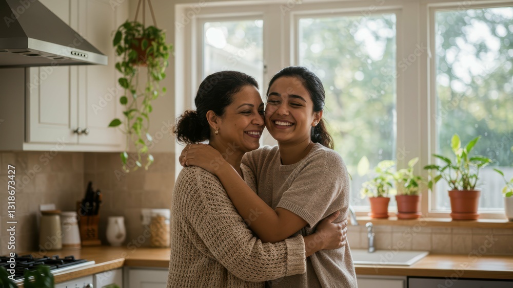 Indian mother and daughter embrace warmly in a cozy kitchen filled with plants and natural light Themes of love, family, and togetherness Indian mother and daughter embrace warmly in a cozy kitchen filled with plants and natural light Themes of love, family, and togetherness