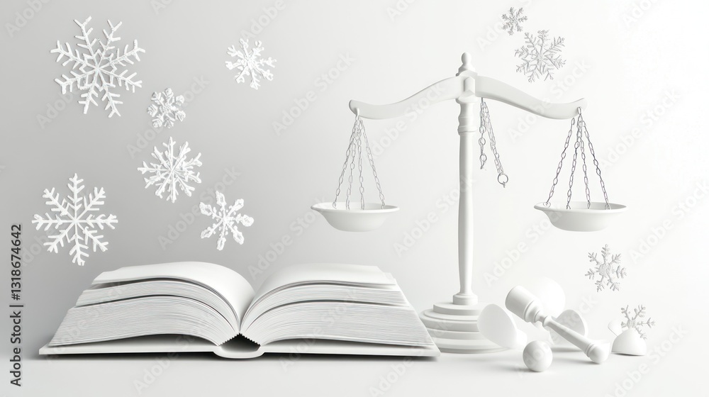 Justice scales and open book, winter background. Ideal for law, legal, or justice themes Justice scales and open book, winter background. Ideal for law, legal, or justice themes