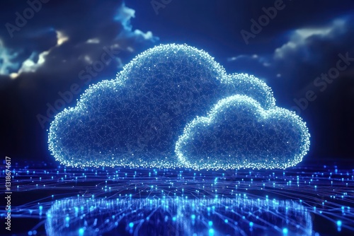 Digital clouds representing the concept of cloud migration, with network connections and data points illustrating the advanced infrastructure of cloud computing.