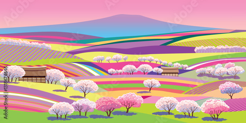 Springtime's poster. Handmade drawing vector illustration of countryside nature, cherry blossom trees, farms and houses, fields and lawns, hills. Doodle cartoon bright fantasy style.