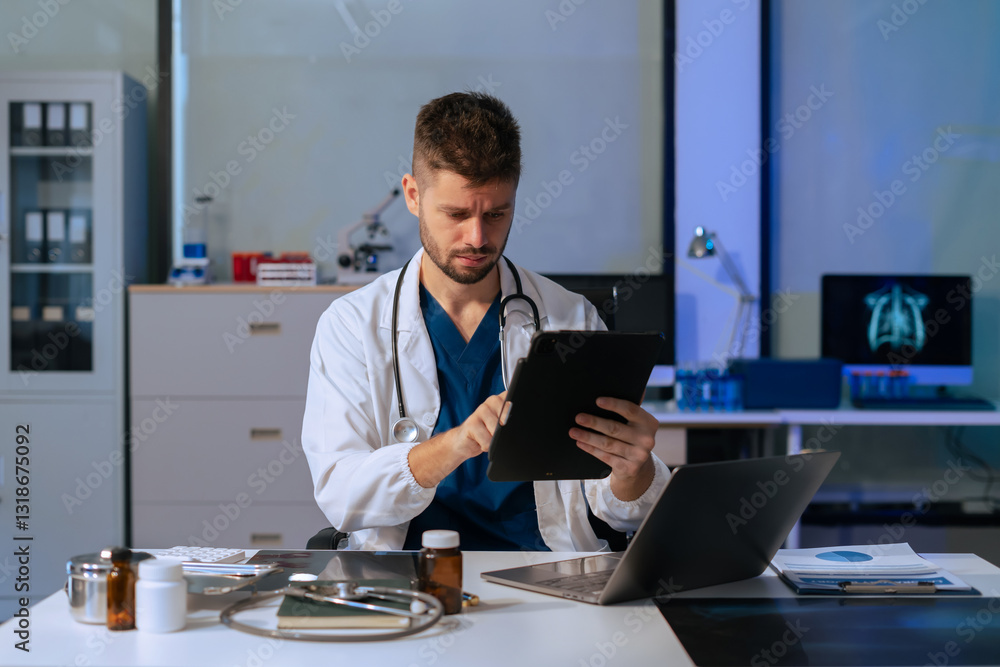 doctor is working on a tablet and stethoscop and a digital tablet computer. doctor is working on a tablet and stethoscop and a digital tablet computer.