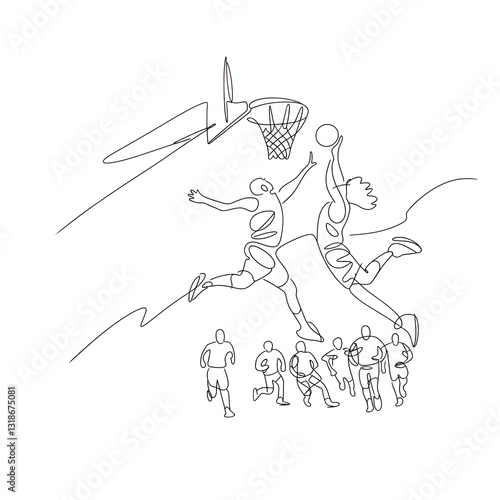 Basketball pencil sketch. Dunk, defense, offense with pencil sketch.