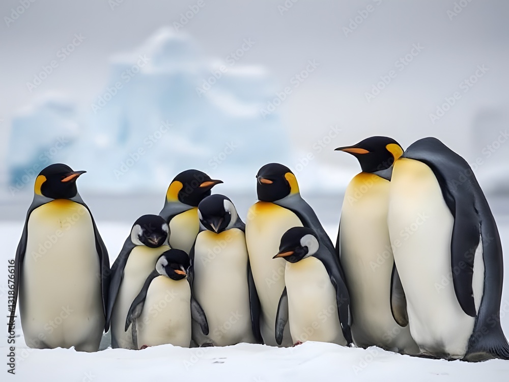 Obraz premium Majestic Emperor Penguin Family in Antarctica Adorable Birds, Wildlife, Nature Scene, Cold Climate, Conservation.
