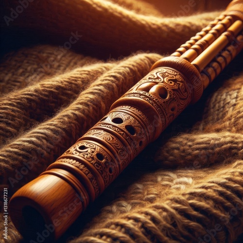 Wallpaper Mural Detailed view of a carved wooden flute on a textured surface exuding a blend of craftsmanship and cultural heritage Torontodigital.ca