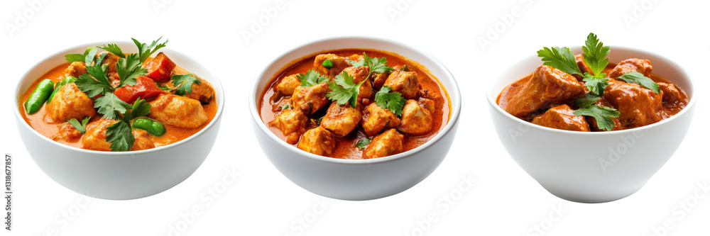 Three bowls of spicy curry dishes garnished with herbs Three bowls of spicy curry dishes garnished with herbs