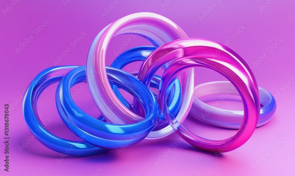 Abstract colorful intertwined glossy rings on pink background. Abstract colorful intertwined glossy rings on pink background.
