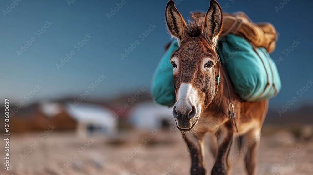 Donkey is standing in the desert with a blue backpack on its back. The donkey is looking at the camera with a curious expression. Concept of adventure and exploration Donkey is standing in the desert with a blue backpack on its back. The donkey is looking at the camera with a curious expression. Concept of adventure and exploration