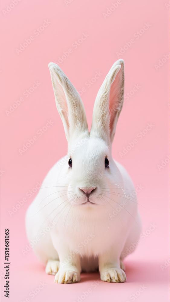 Fototapeta premium Cute white rabbit on isolated pink background