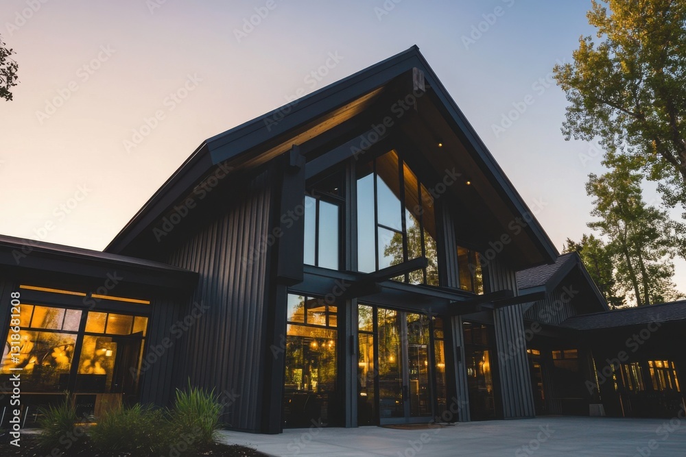 Obraz premium Modern architectural design of a wooden building during sunset in a serene landscape with large windows reflecting warm light