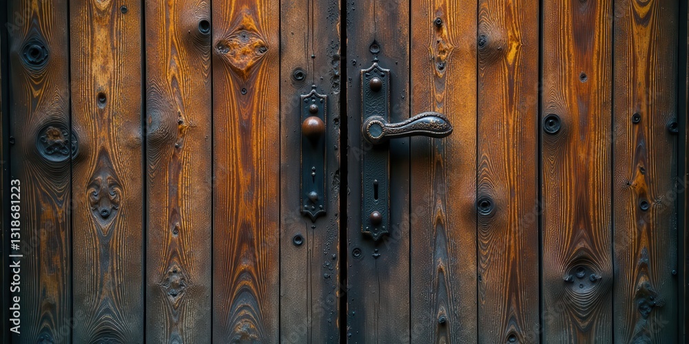 A weathered wooden door with an antique ornate metal handle and knob, showing the passage of time and the beauty of aged materials A weathered wooden door with an antique ornate metal handle and knob, showing the passage of time and the beauty of aged materials