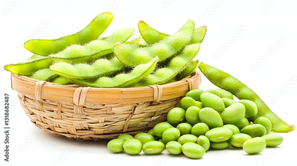 Fresh Edamame Soybeans in a Woven Basket with Loose Beans on White Background Fresh Edamame Soybeans in a Woven Basket with Loose Beans on White Background