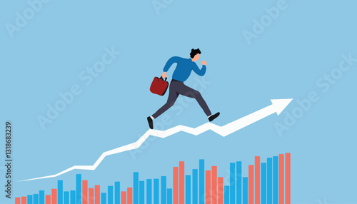 Vibrant graphic of a strong businessman jumping on an upward-trending graph with a briefcase, symbolizing business challenge, revenue rebound, and recovery from economic crisis. 