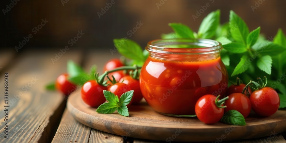 A jar of homemade tomato sauce sits on a rustic wooden board, surrounded by fresh tomatoes and vibrant green herbs, a delicious culinary scene. A jar of homemade tomato sauce sits on a rustic wooden board, surrounded by fresh tomatoes and vibrant green herbs, a delicious culinary scene.