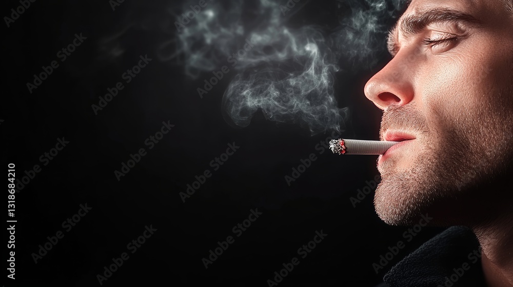 Fototapeta premium Man is smoking a cigarette and the smoke is coming out of his mouth. The image has a mood of relaxation and leisure