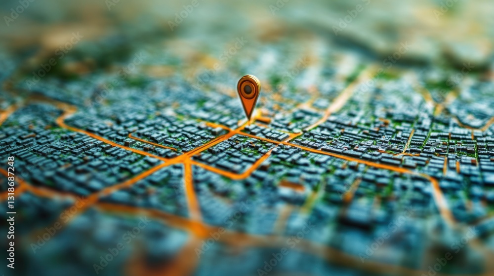 Close-up of a city map with a location marker pin. Close-up of a city map with a location marker pin.