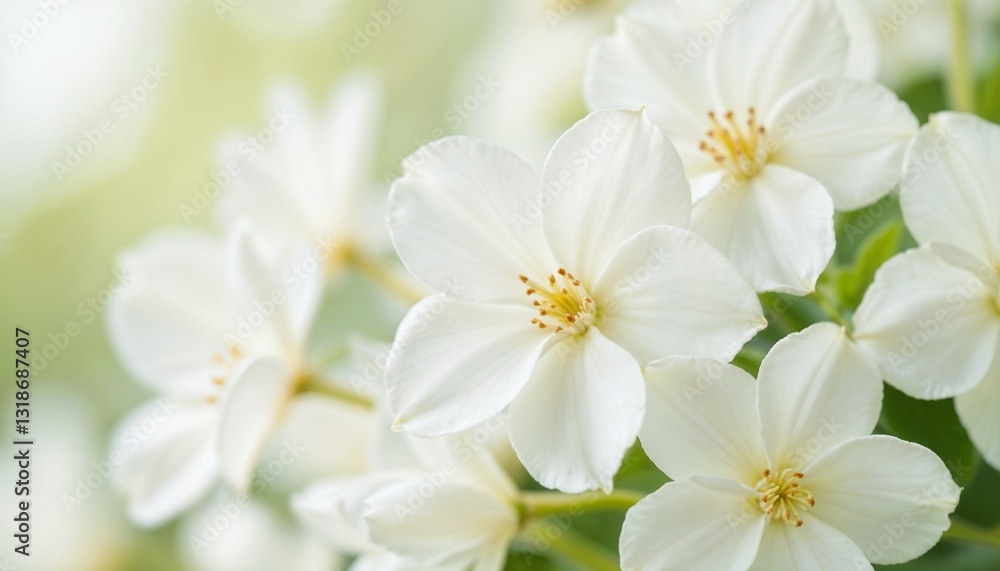 White flowers in full bloom with soft sunlight and a dreamy green background White flowers in full bloom with soft sunlight and a dreamy green background