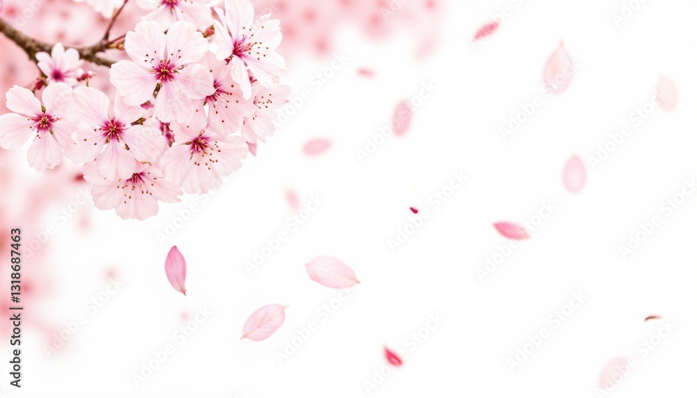 Cherry blossoms with falling petals on a white background for a soft floral scene Cherry blossoms with falling petals on a white background for a soft floral scene