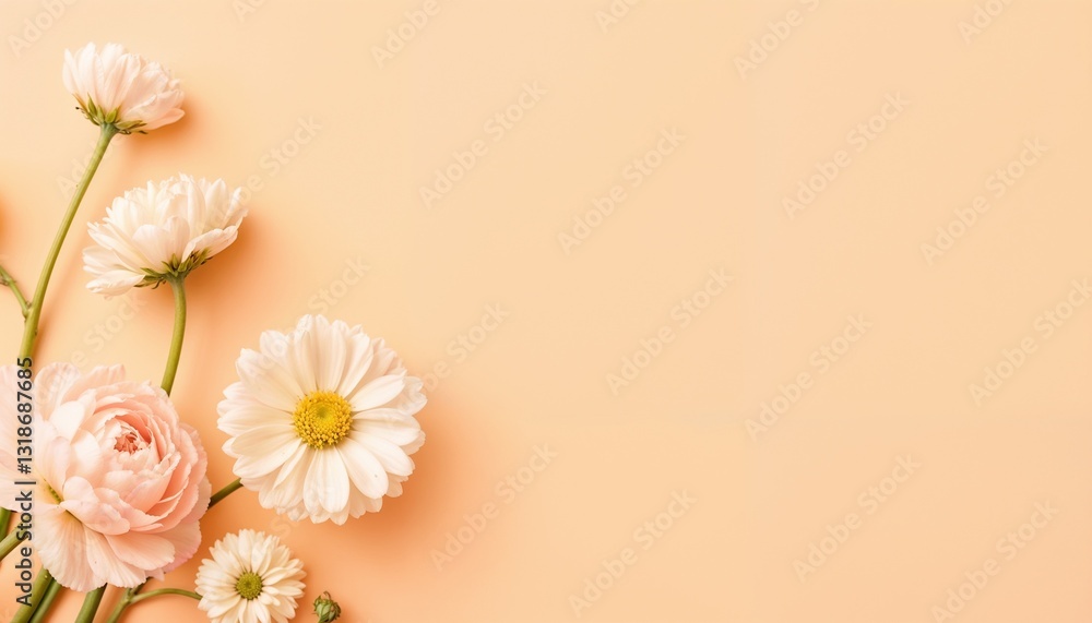Naklejka premium Peach and white flowers on soft pastel background, delicate floral arrangement.