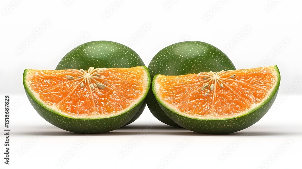 Two Halved Oranges with Smooth Green Skin and Bright Juicy Interior on White Background