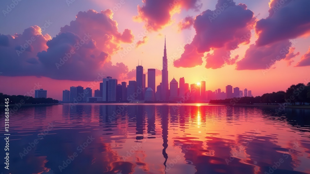 Naklejka premium Serene cityscape at sunset, reflecting vibrant hues of pink and orange on tranquil waters, showcasing a stunning skyline silhouette against a colorful sky