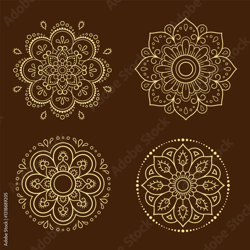 Set of Eastern ethnic religious symbols. Mandala with Yin Yang. Decorative pattern for henna, mehndi, tattoos, room decoration. Outline doodle vector illustration.