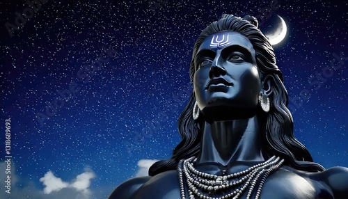 Serene Shiva Statue: Night Sky, Mystical Art