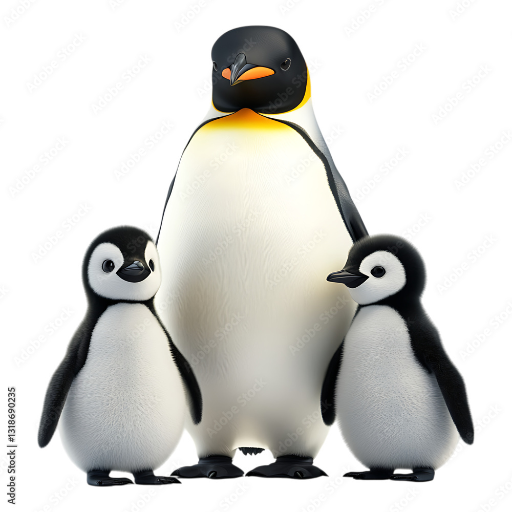 Obraz premium Three emperor penguins, one adult and two chicks, stand together to illustrate family concept isolated on a clean transparent background for
